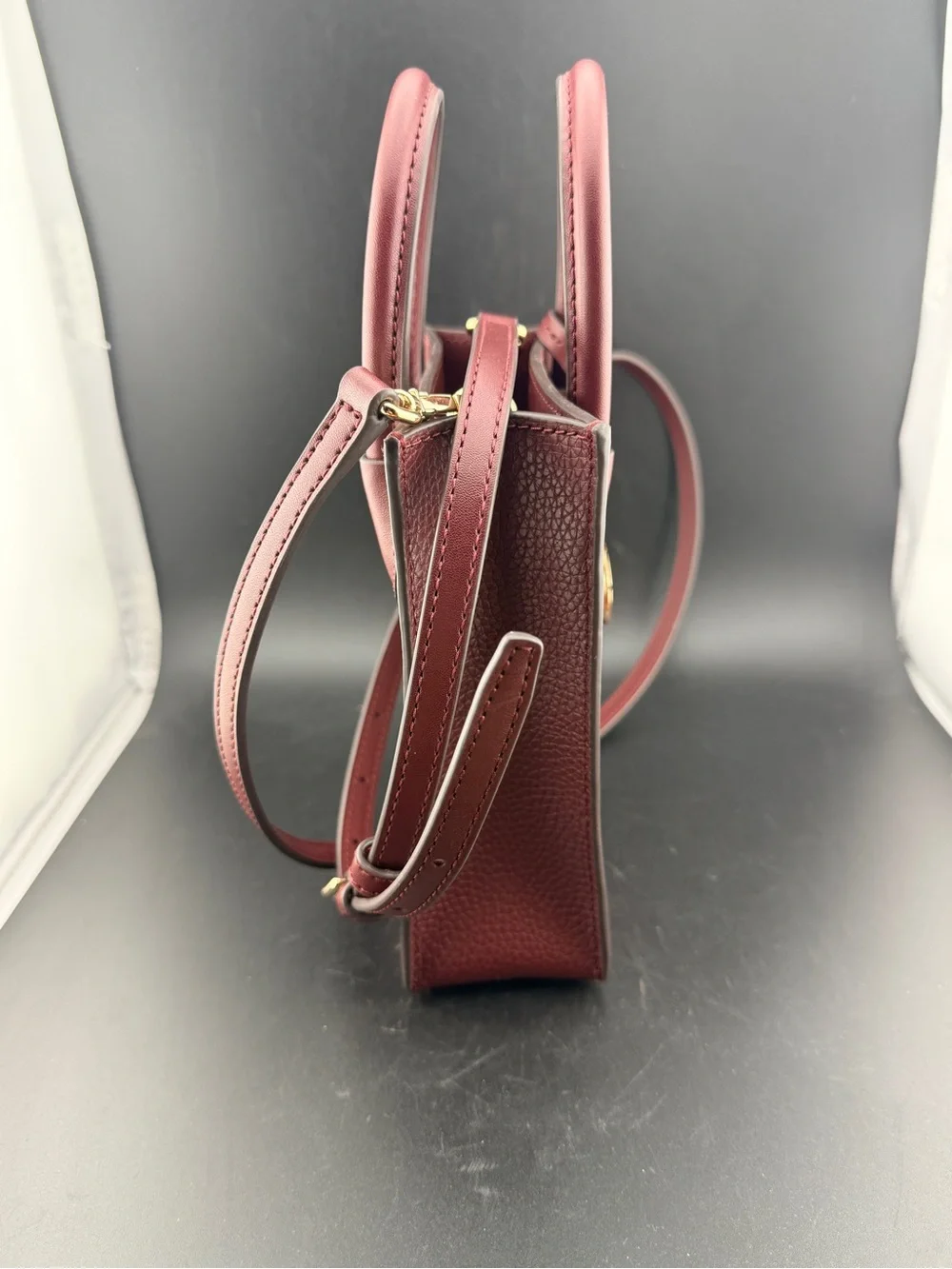 Michael Kors Wine Pebbled Leather Mini Satchel with Gold MK Charm